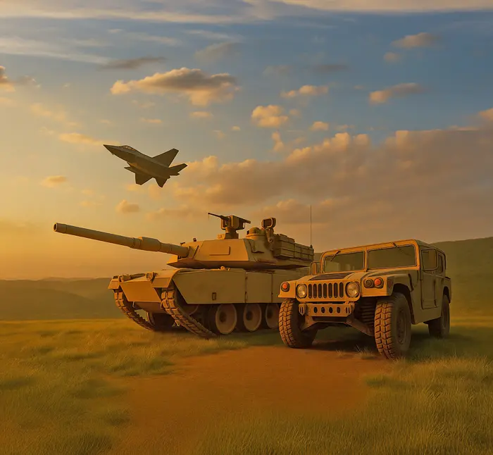 Tank, jet, and humvee